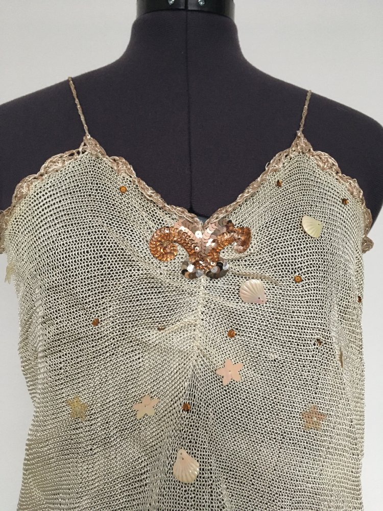 Vintage Top Strick / Trägerhemd mit Applikationen, Glitzer, beige - Gr. S / 36