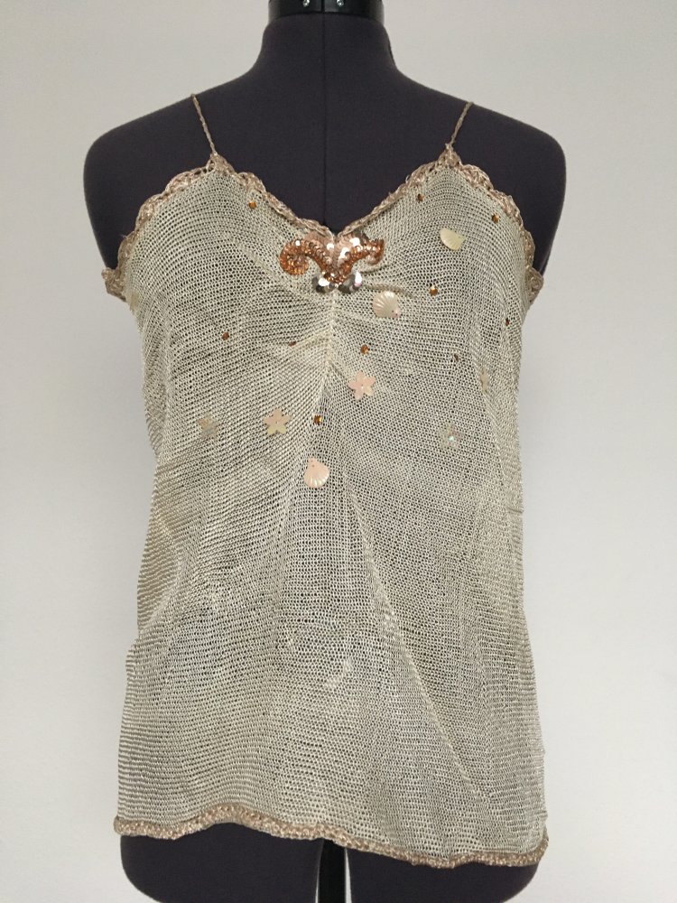 Vintage Top Strick / Trägerhemd mit Applikationen, Glitzer, beige - Gr. S / 36