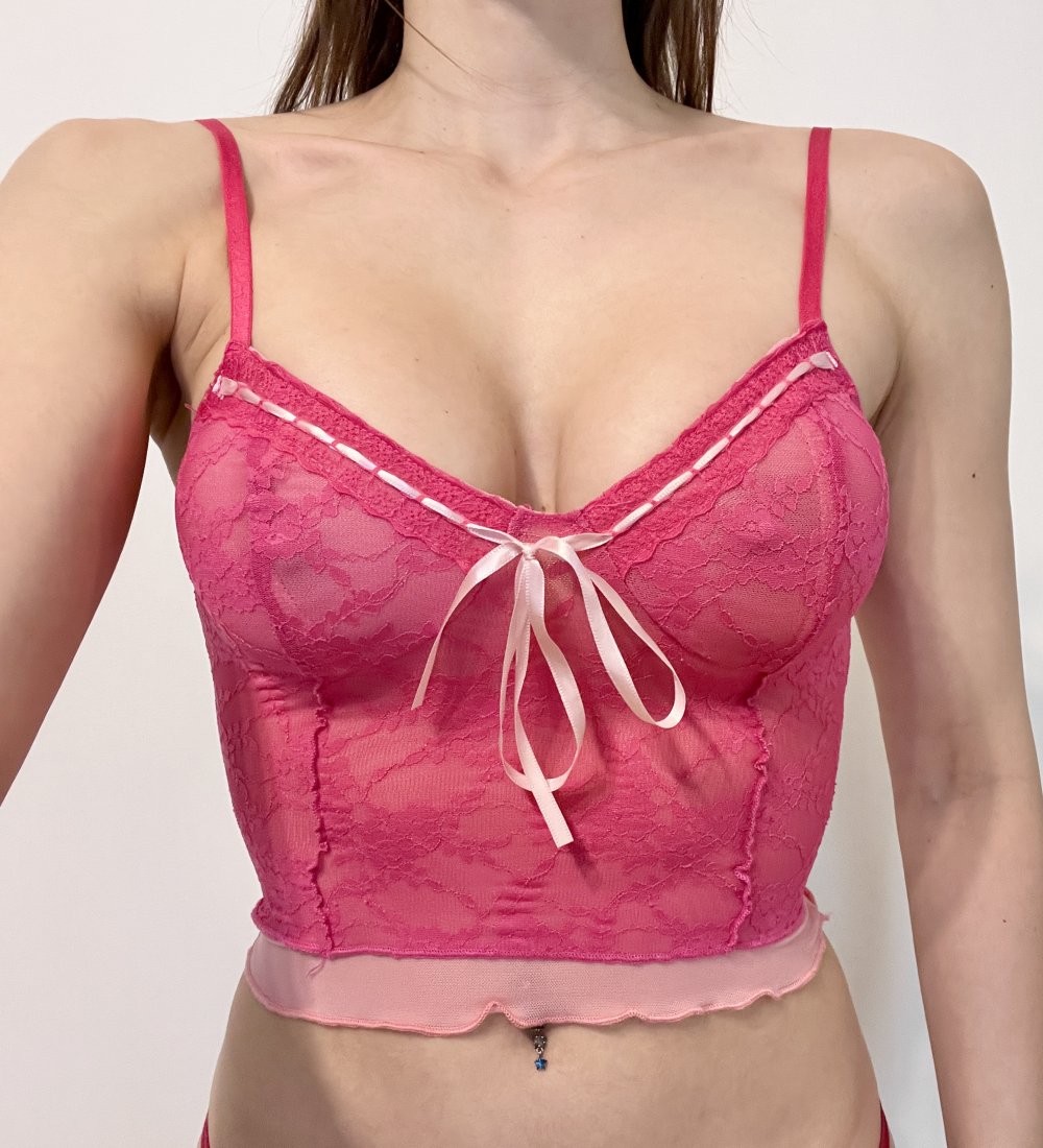 Sexy Damen Y2K halb durchsichtiges Mesh mehrlagiges Camisole Crop Top Pink Rosa Spitze Schnürung XS