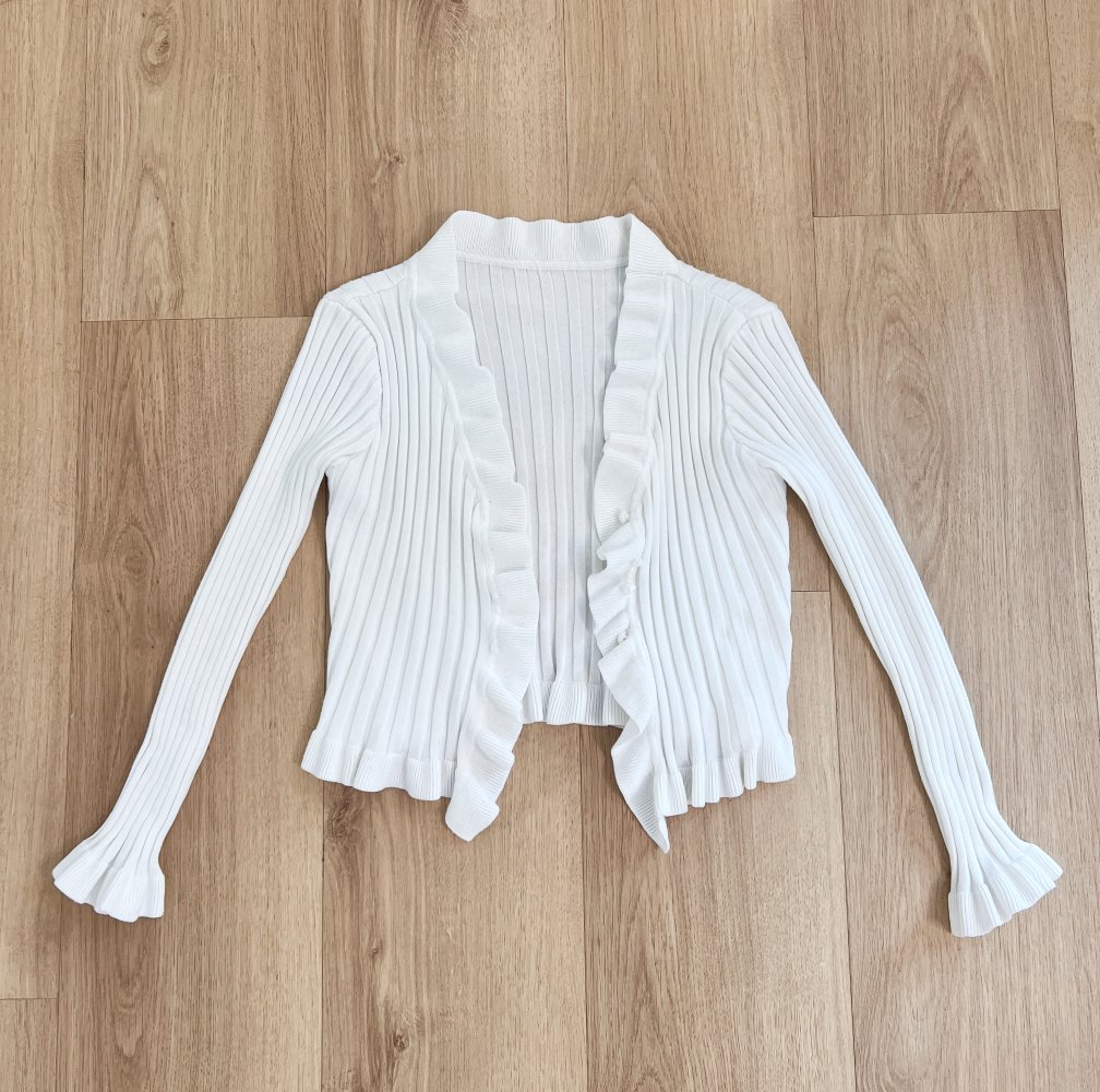 Süße Damen Rüschen gerippte Strickjacke Weiß XS/34