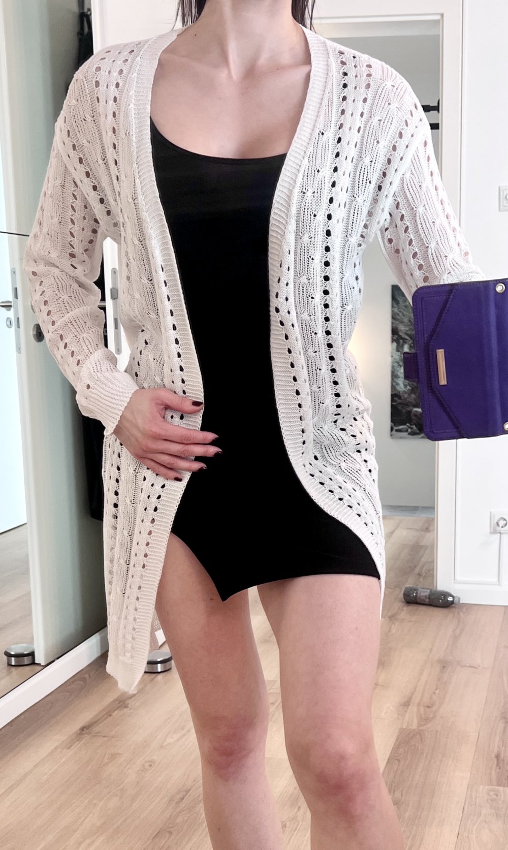 Damen offener leichter grob Strick langer Cardigan weiß XS-M