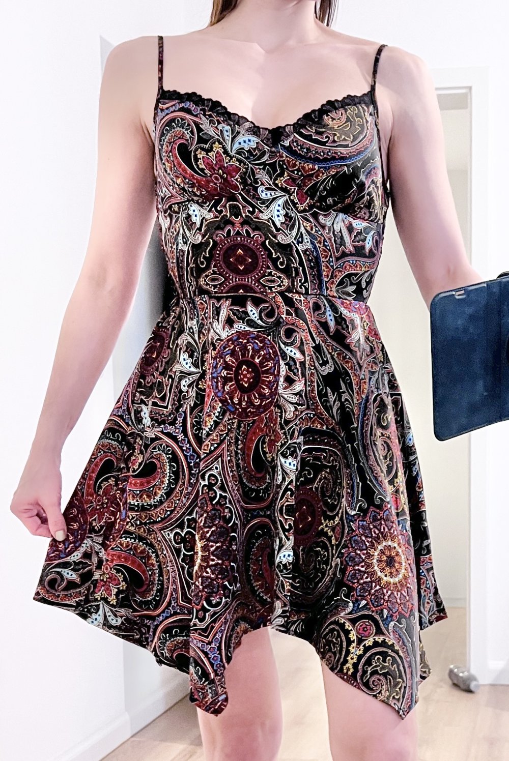 Damen Paisley Hippie Look Sommerkleid Zipfel Schwarz Bunt XS/34