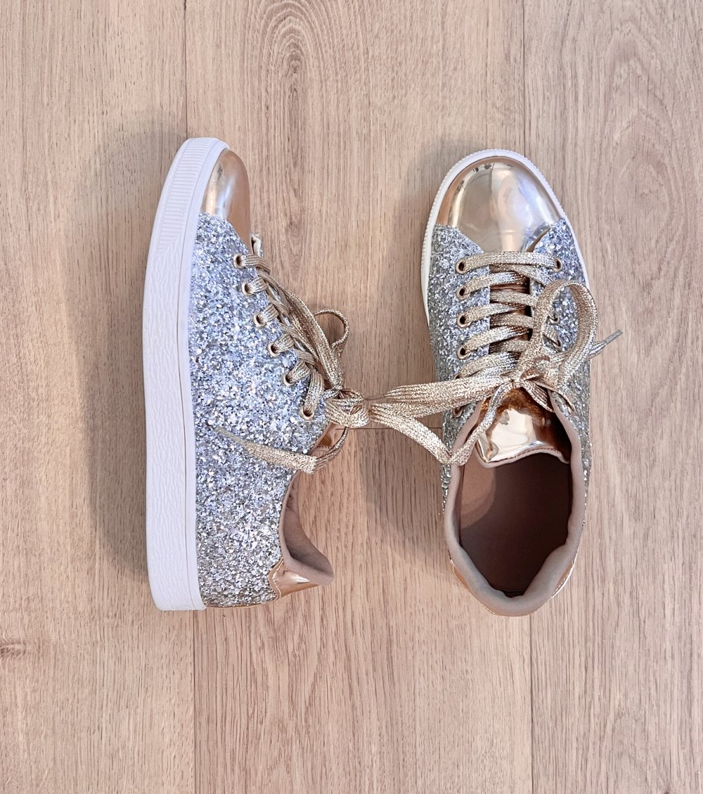 Damen Rosegold Metallic Glitzer Party Schnür Sneaker Turnschuhe wie neu 38