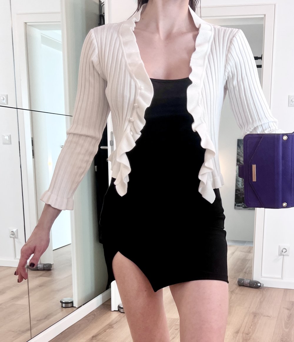 Süße Damen Rüschen gerippte Strickjacke Weiß XS/34