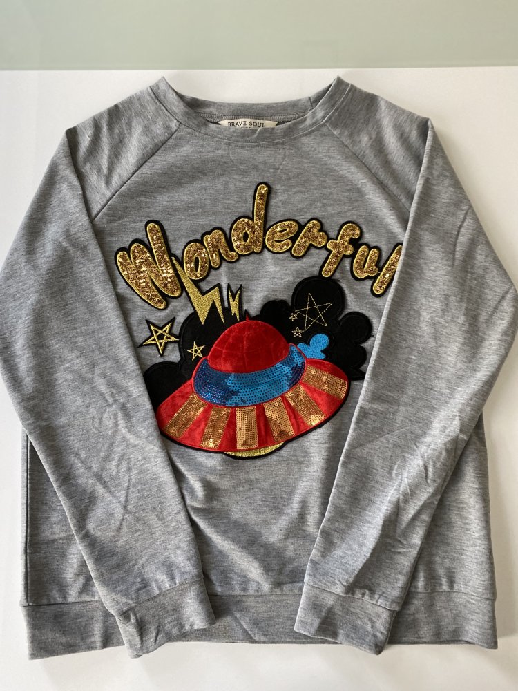 Mädchen Damen Pulli Pullover Bluse Langarm Longsleeve Pailleten Applikation Glitzer Glanz Effekt Gr. S, NEU