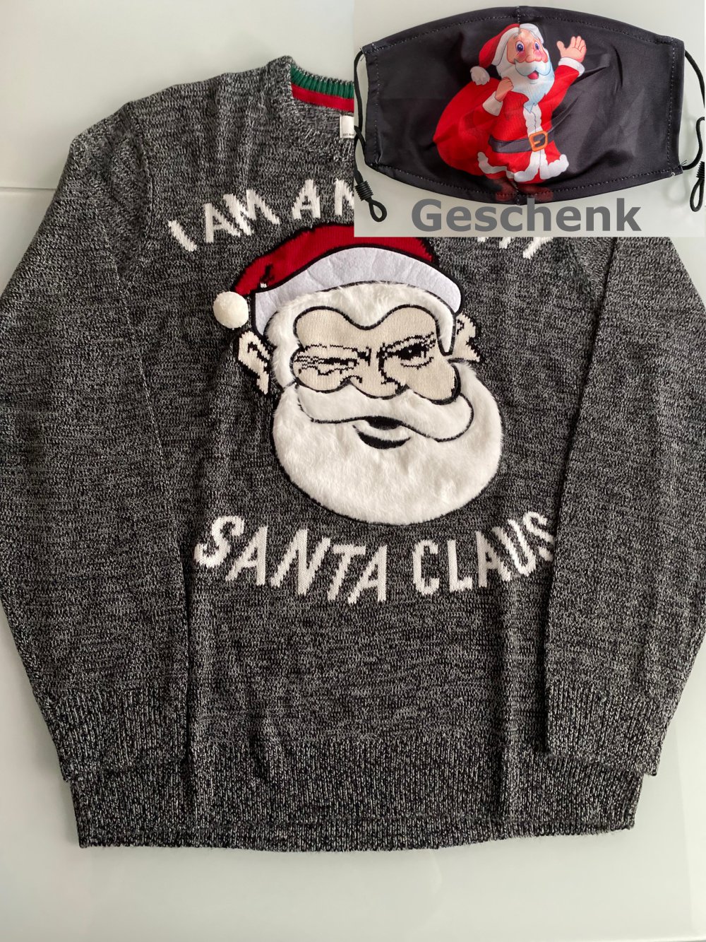 Herren Pulli Pullover Weihnachtspullover Weihnachtsmann Weihnachten Santa Claus Grau Neue Maske Mundschutz Geschenk Ho Ho Ho Gr. M, neu mit Etikett