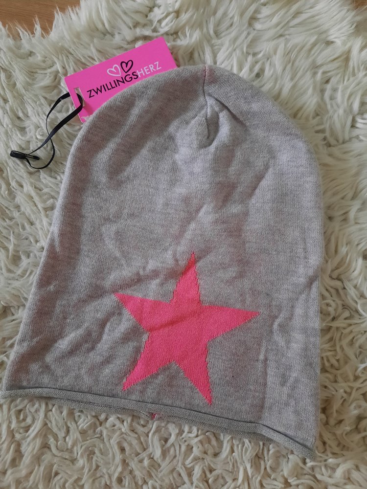 Wie NEU Zwillingsherz Beanie Mütze Stern grau pink Trend Onesize