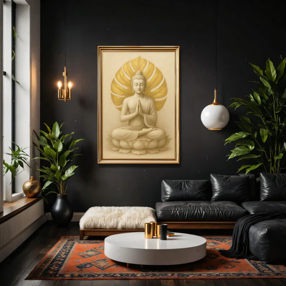 Digitales Poster Buddha Meditation Gold – Spirituelle Wandkunst – JPEG 300dpi