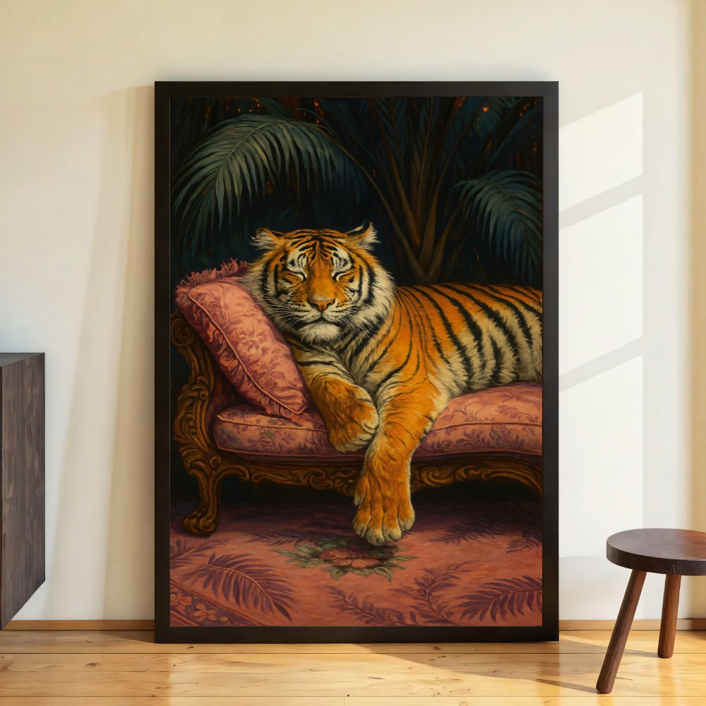 Digitales Poster Tiger auf Sofa – Vintage Dschungel Kunst – JPEG 300dpi