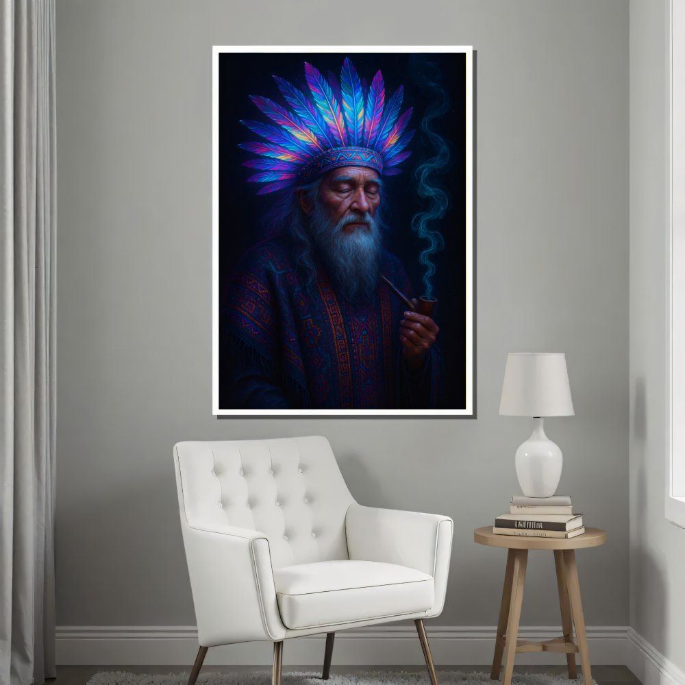 Digitales Poster Schamane mit Federkrone Neon – Spirit Art – JPEG 300dpi