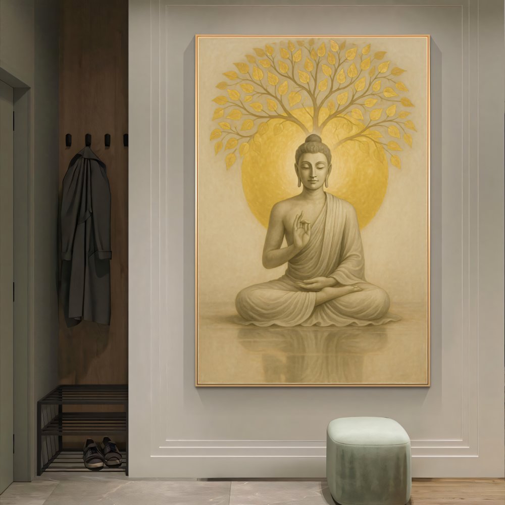 Digitales Poster Buddha unter goldenen Baum – Meditation Yoga – JPEG 300dpi