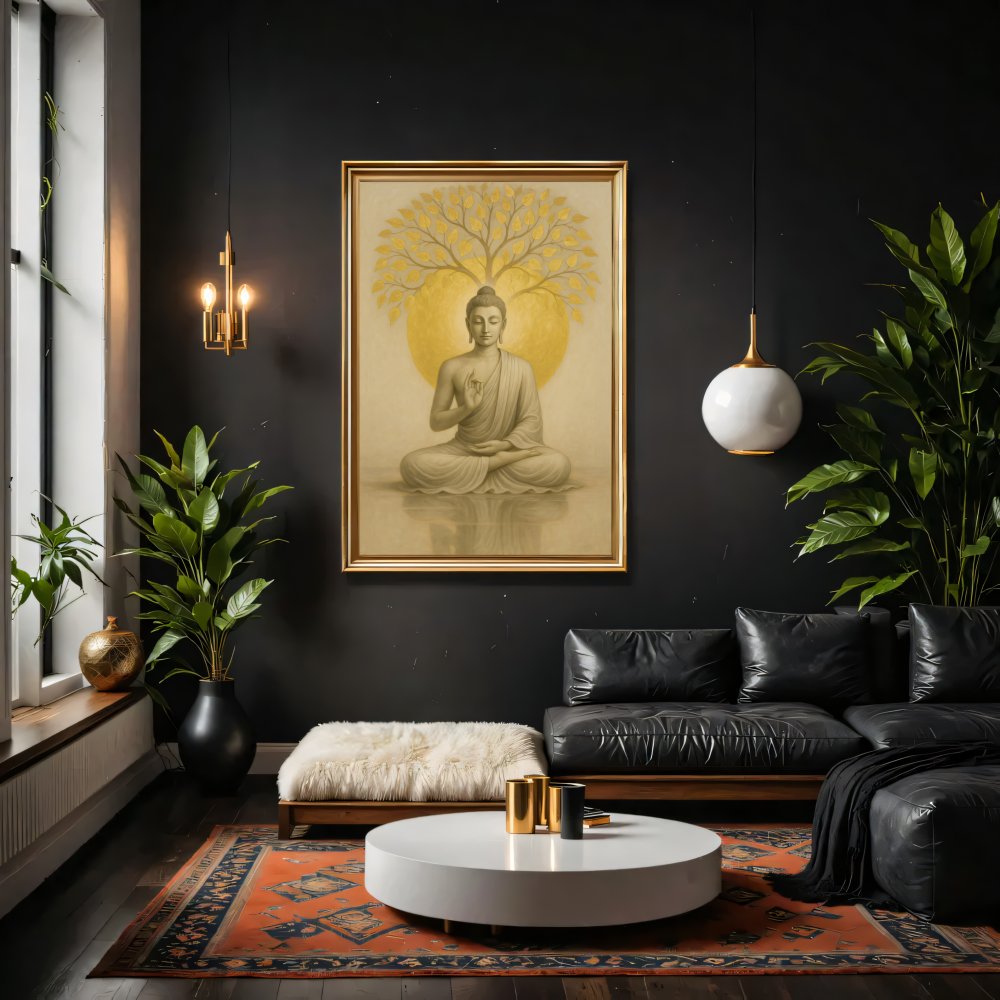 Digitales Poster Buddha unter goldenen Baum – Meditation Yoga – JPEG 300dpi