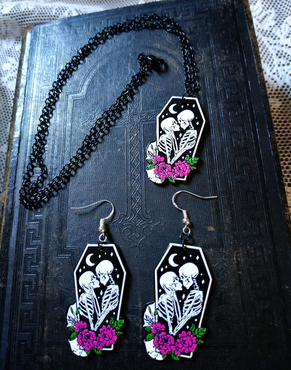 Horror Skelett Halloween Gothic Love Core Look Ohrhänger Kette Set