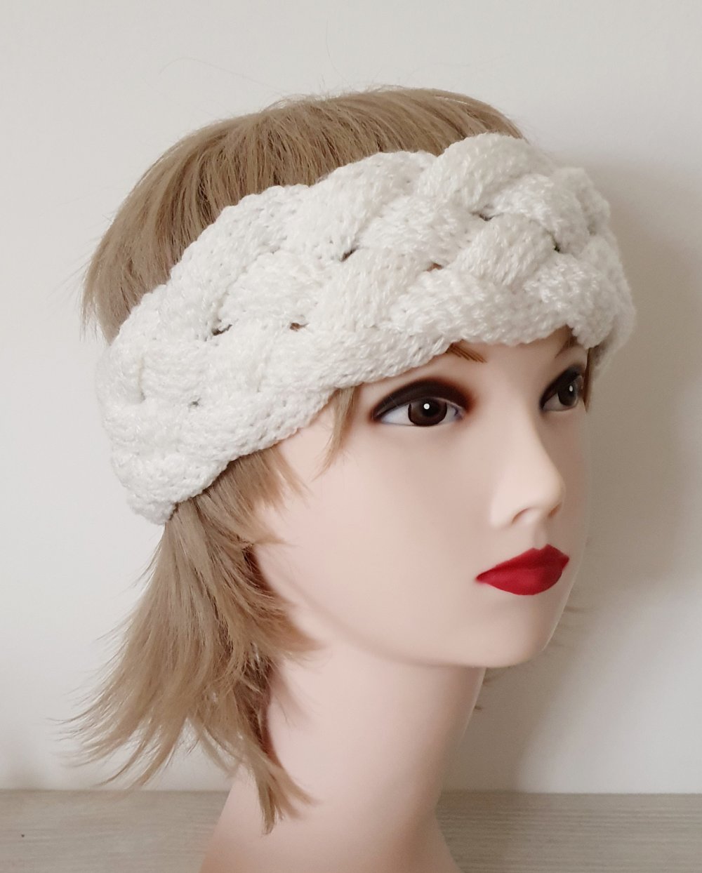 Zopf Stirnband Ohrenschutz Strick weiß Accessoire Winter geflochten