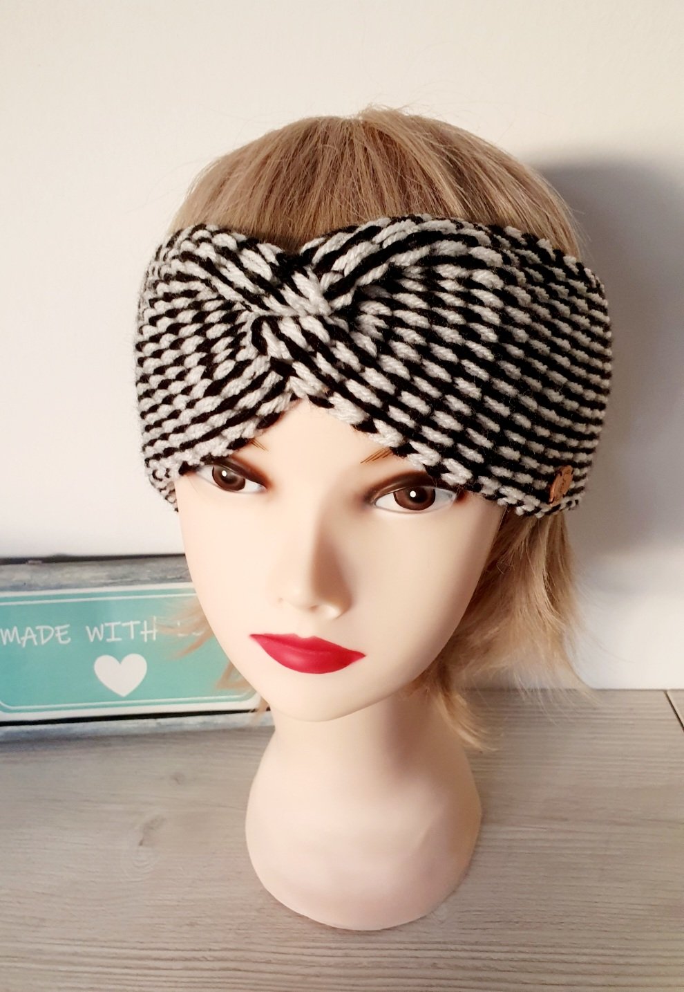 Strick Stirnband Ohrenwärmer 3D Optik Illusion Unikat handmade schwarz weiß