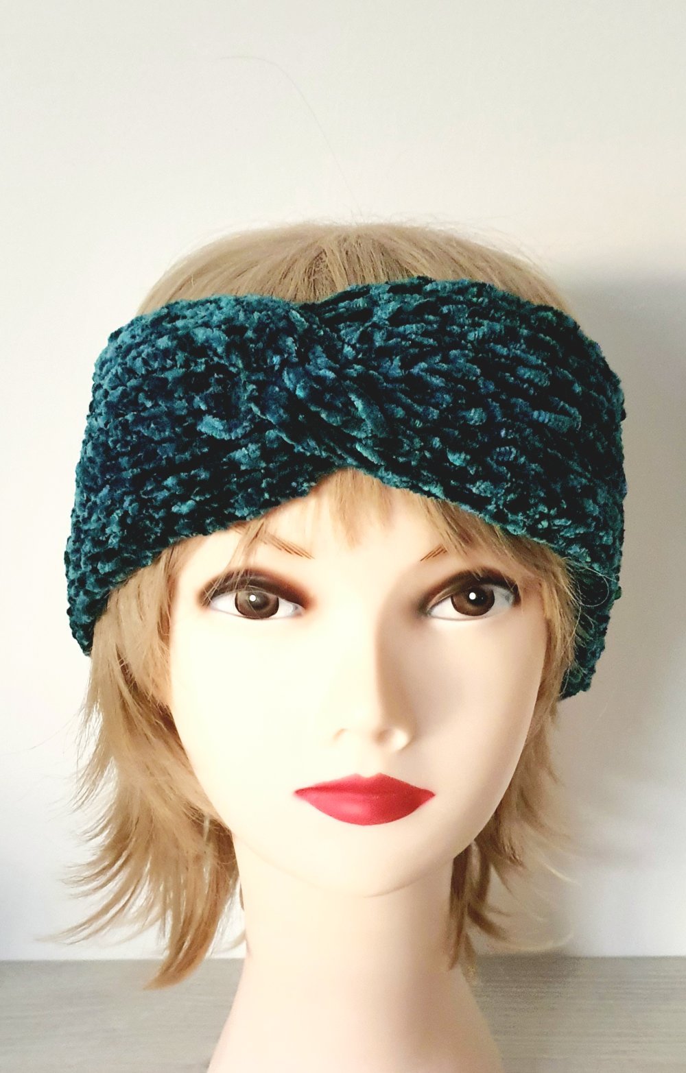 Knoten Stirnband Ohrenwärmer Chenille dunkelgrün supersoft flauschig