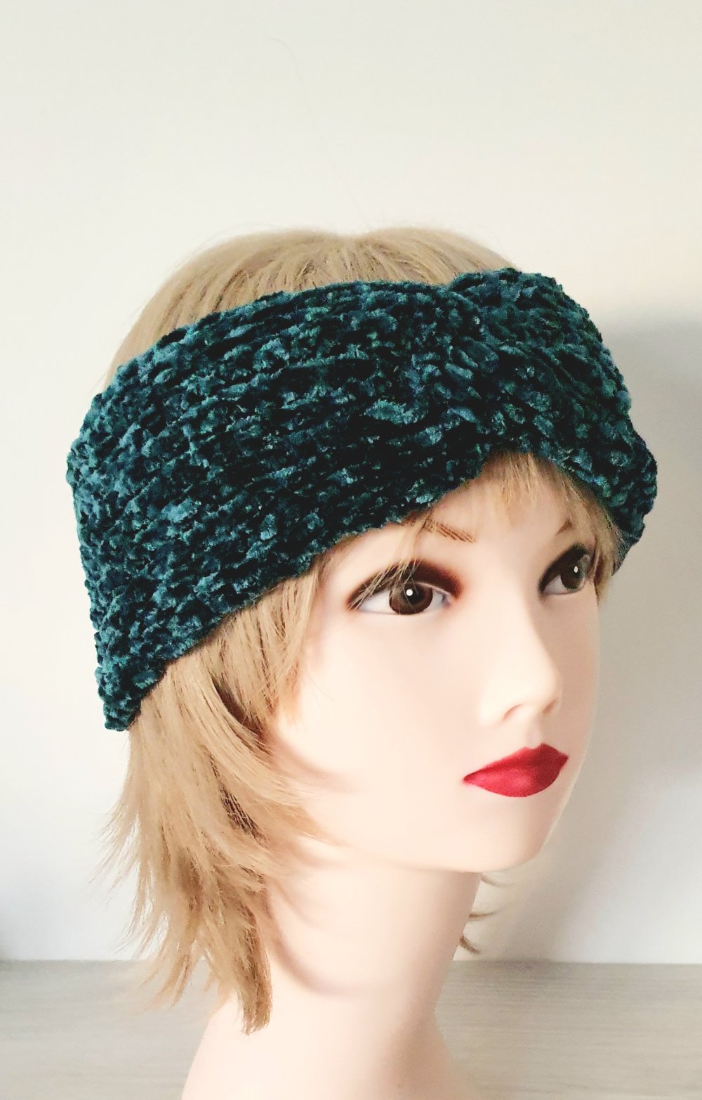 Knoten Stirnband Ohrenwärmer Chenille dunkelgrün supersoft flauschig