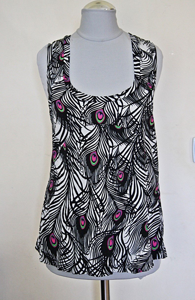 Ausgefallenes Tanktop mit Pfauenfeder Muster, Gr.S