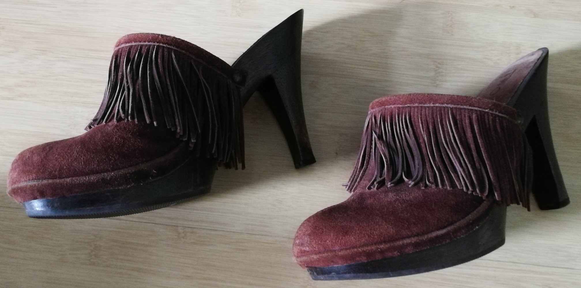 Designerschuhe Two Lips L. A. Plateau Holzstilettos High Heels Fransen vegan Wildlederimitat