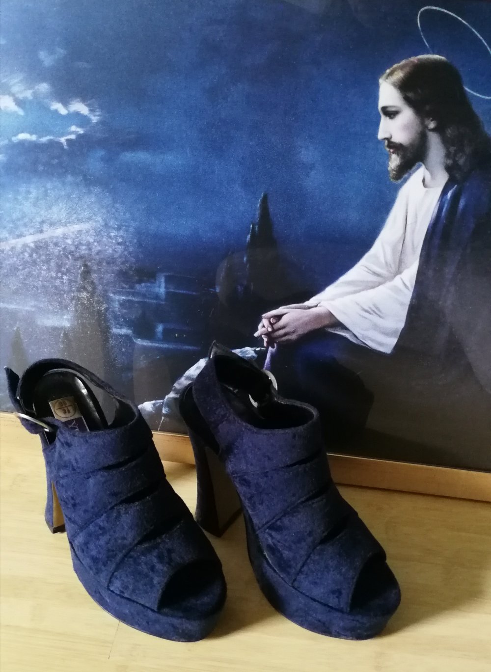 High Heels BLUE Velvet Blauer Samt Plateausandalen 90er True Vintage MEGA