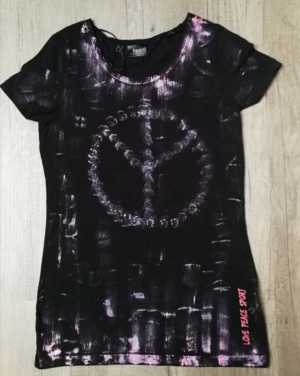 T-Shirt Perlmutt rosa schwarz Peace Love Sport 36/38 Friede Rune Batik Custom