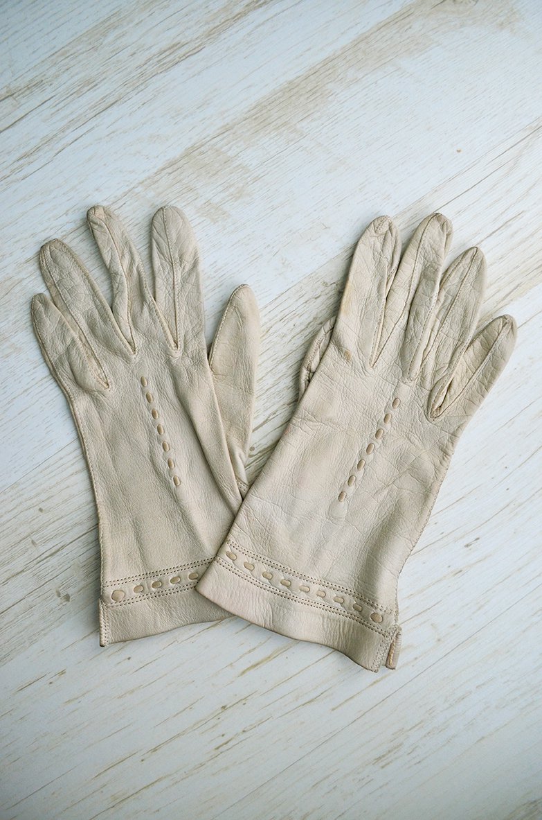True Vintage Handschuhe Echtleder Creme Nudel Preppy Chic Sechziger Siebziger