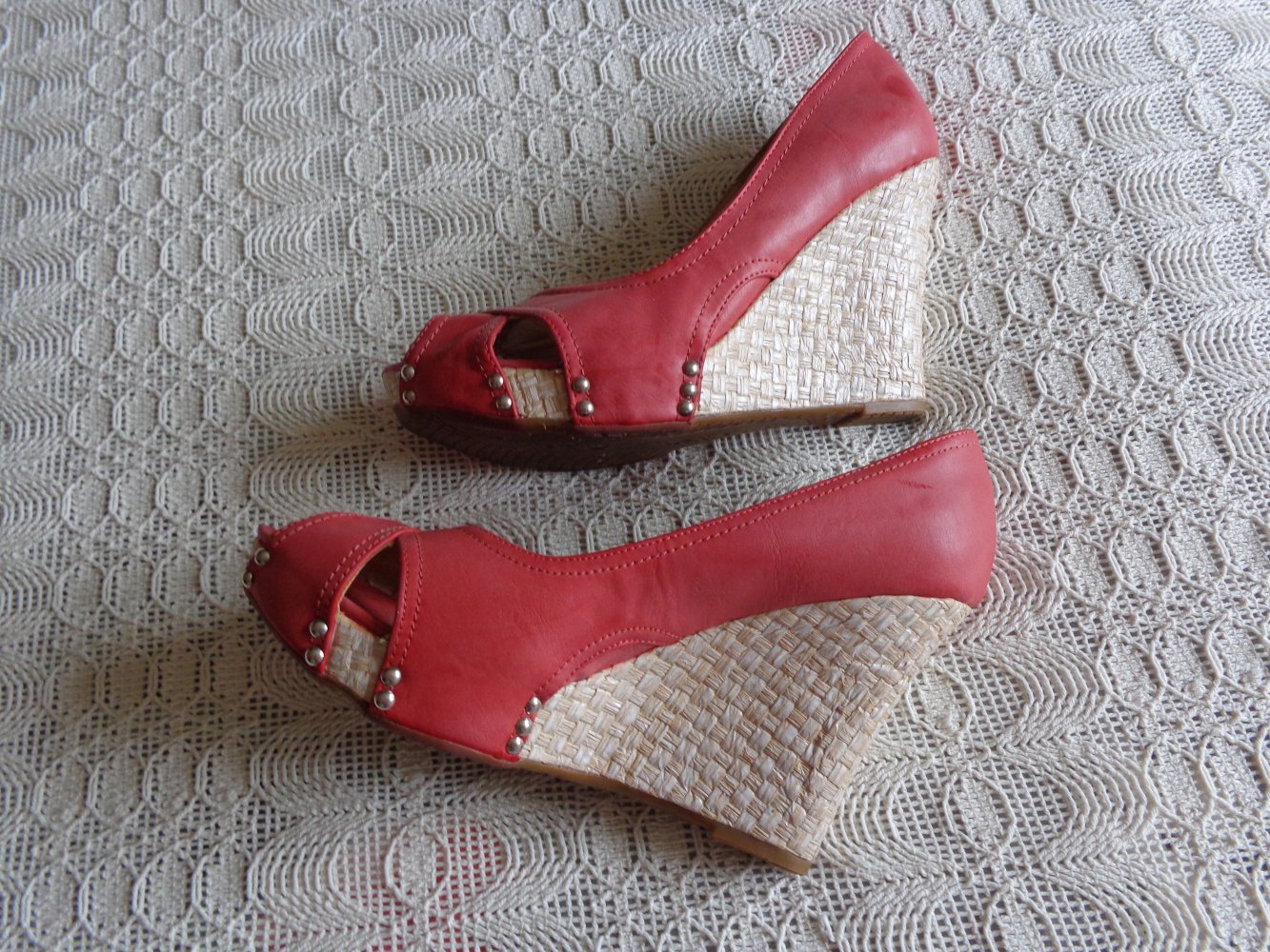 #Damenschuhe - Keil-Peeptoes, Gr. 39, hummerfarben, Kunstleder