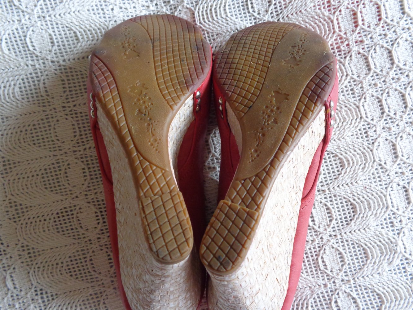 #Damenschuhe - Keil-Peeptoes, Gr. 39, hummerfarben, Kunstleder