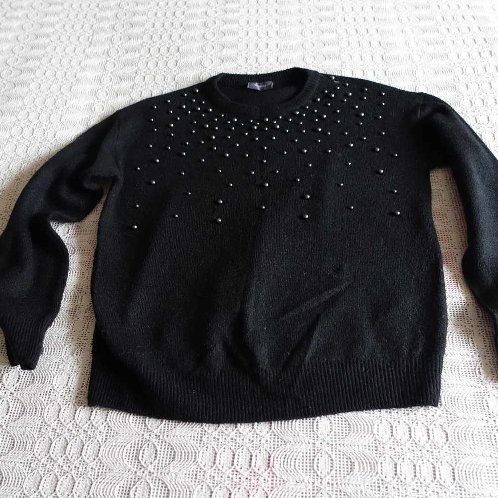 Pullover, Strickpullover, mit Perlen, schwarz, Gr. XS bzw. ca. Gr. 34, Yessica