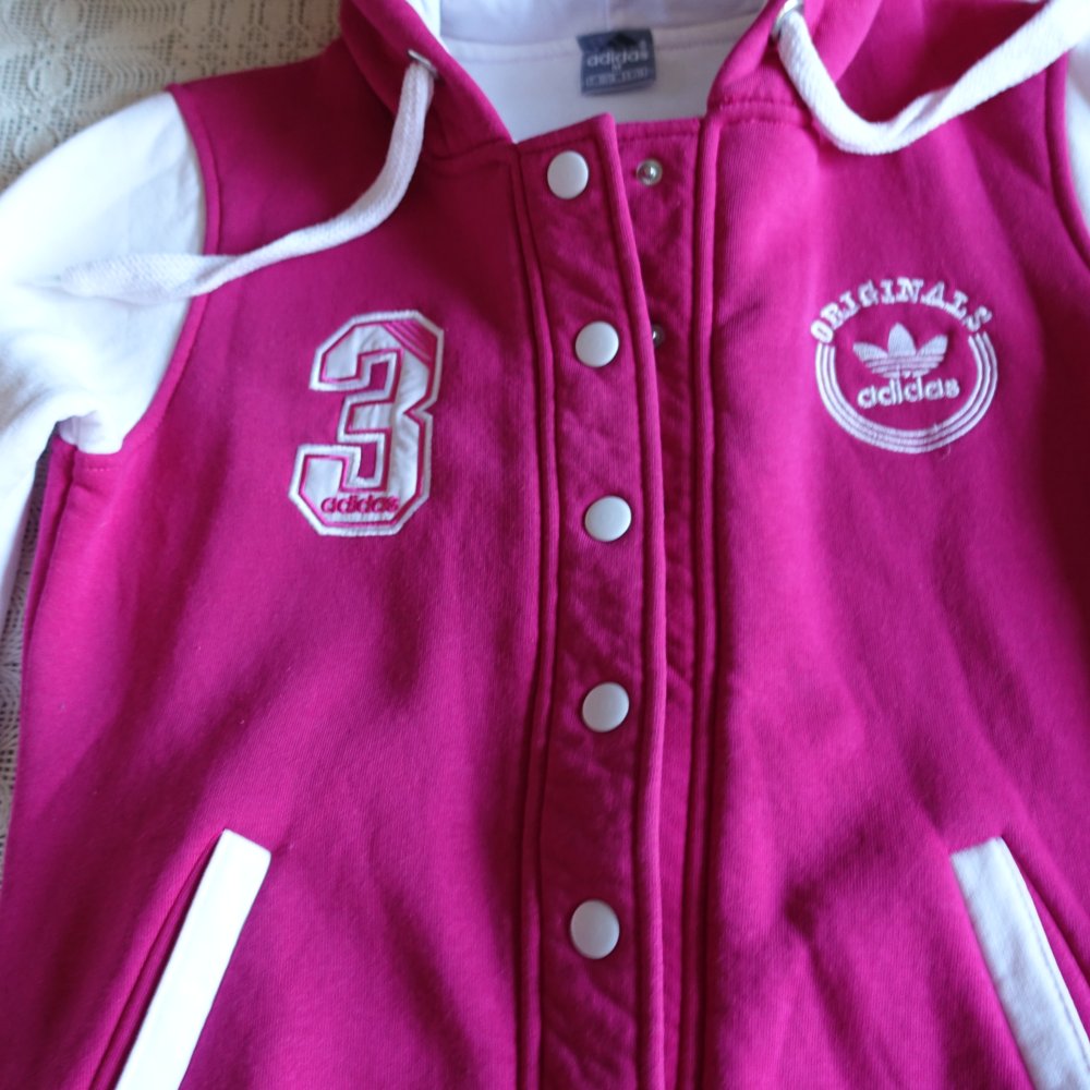 Sweatjacke, mit Kapuze, Kapuzenjacke, Gr. S/M, ca. Gr. 36/38, pink/weiß