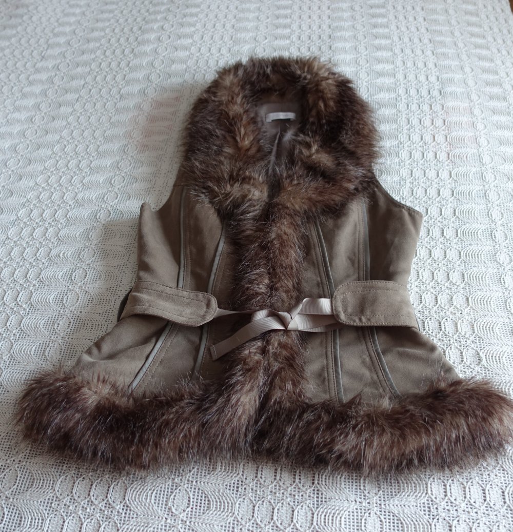 Weste, Wildleder-Weste, braun, mit Kunstfell, Gr. 34, ca. Gr. XS, Promod