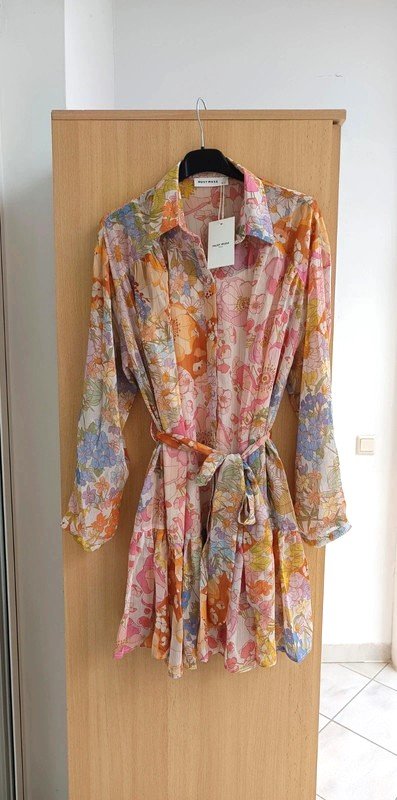 Insta Blogger Oversize Kleid Limitiert Volant Blumen rosa orange blau Seide gr. 34 XS,36 S,38 M NEU mit Etikett