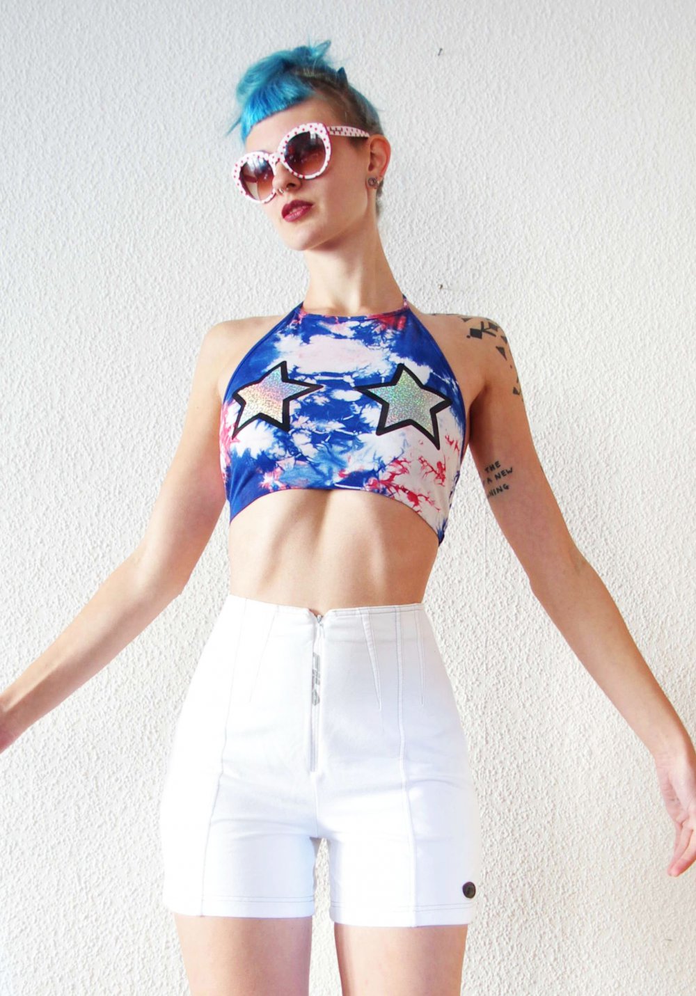 Buntes Dollskill Crop Top Gr. M 38 40 Holographic Rave Batik Tie Dye Techno Festival Bralet
