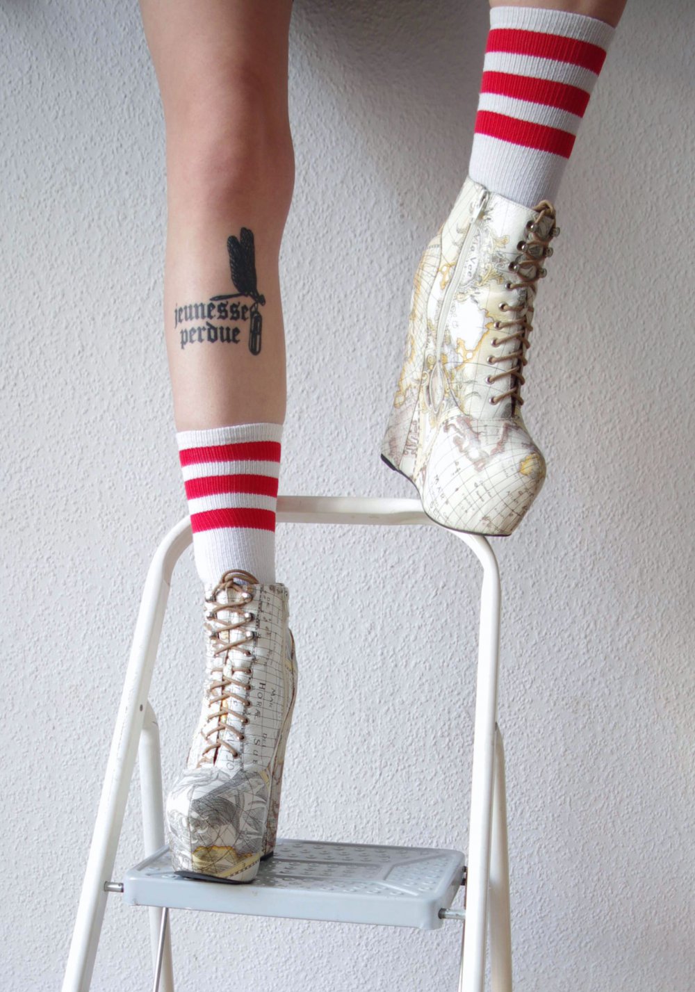 Seltene Jeffrey Campbell Damsel Plateau Boots Gr. 40 40,5 Steampunk Weltkarte Festival chunky