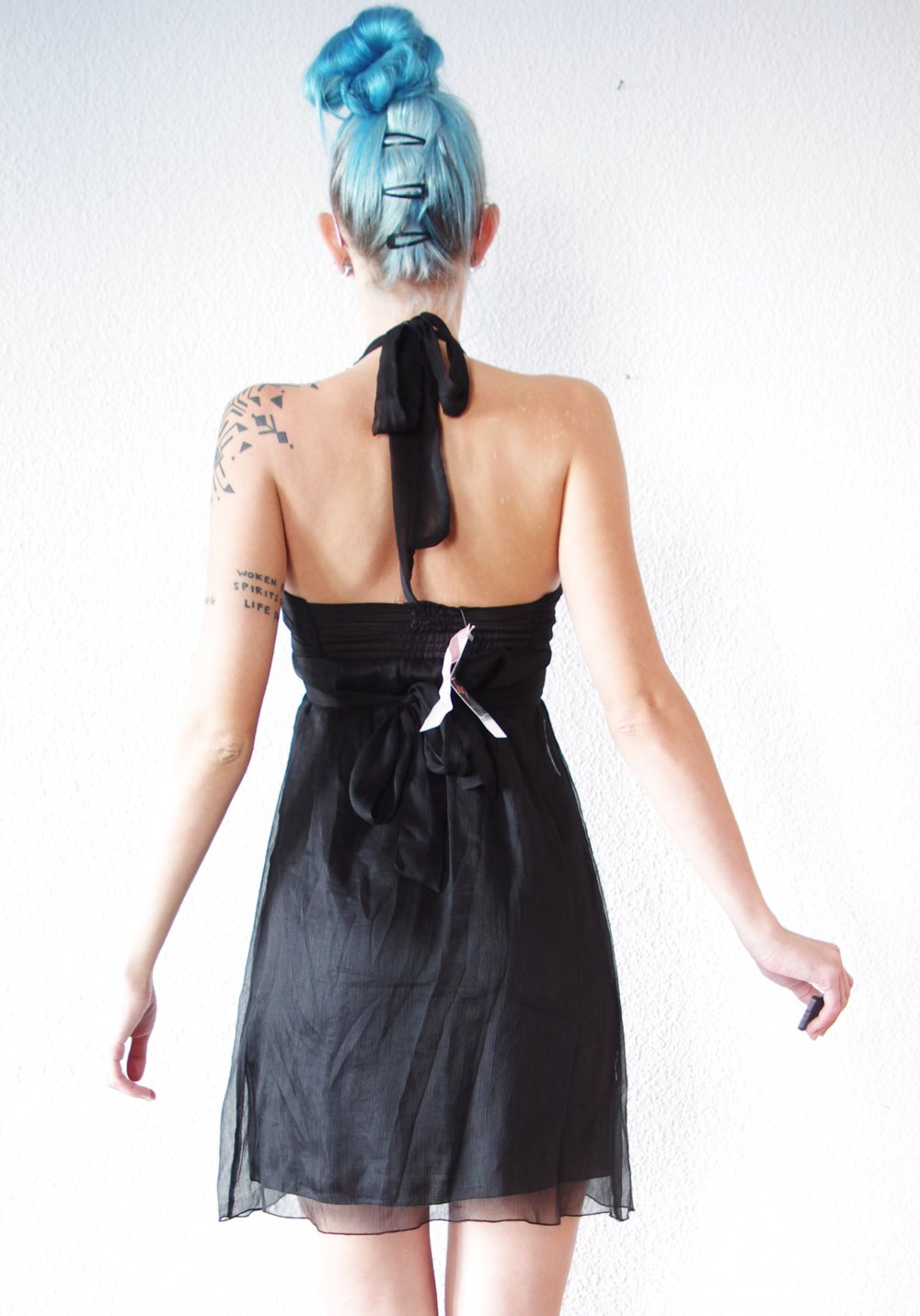 Schwarzes Cocktailkleid Gr. 36 S Neckholder Chiffon rückenfrei Perlen