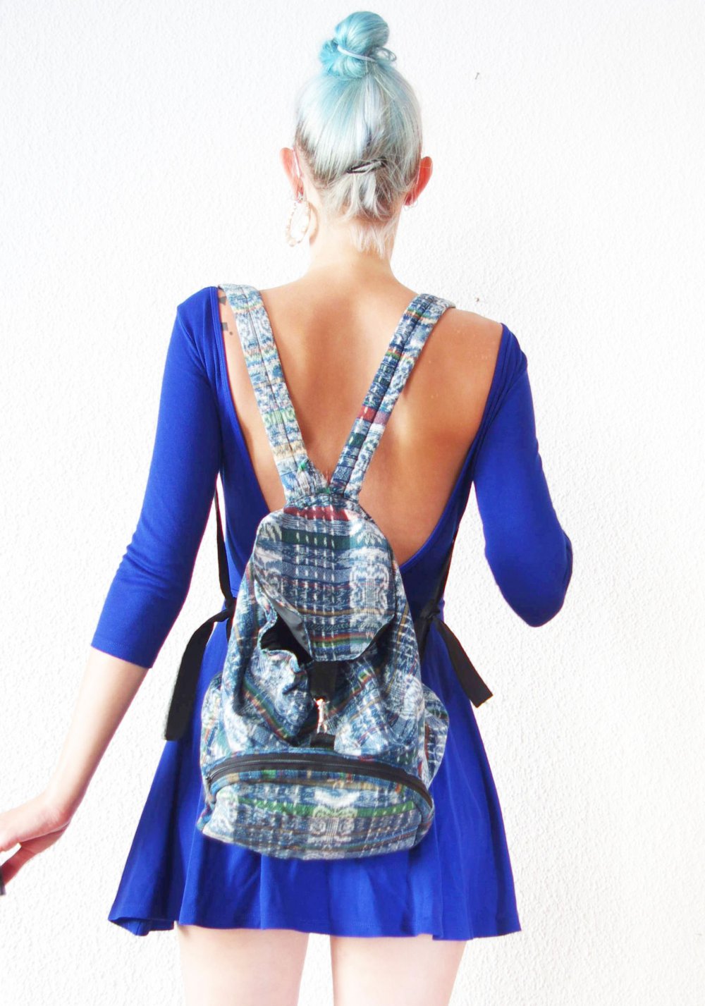 Kleiner bunter Hippie Rucksack blau Festival Rave Party Strand denim