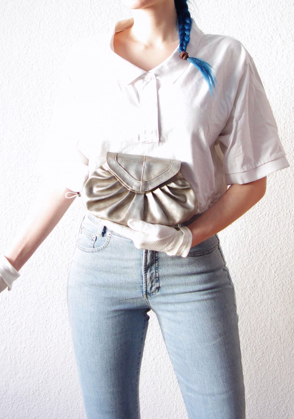 Silber metallic Clutch Handtasche Kunstleder Magnetverschluss vintage Look