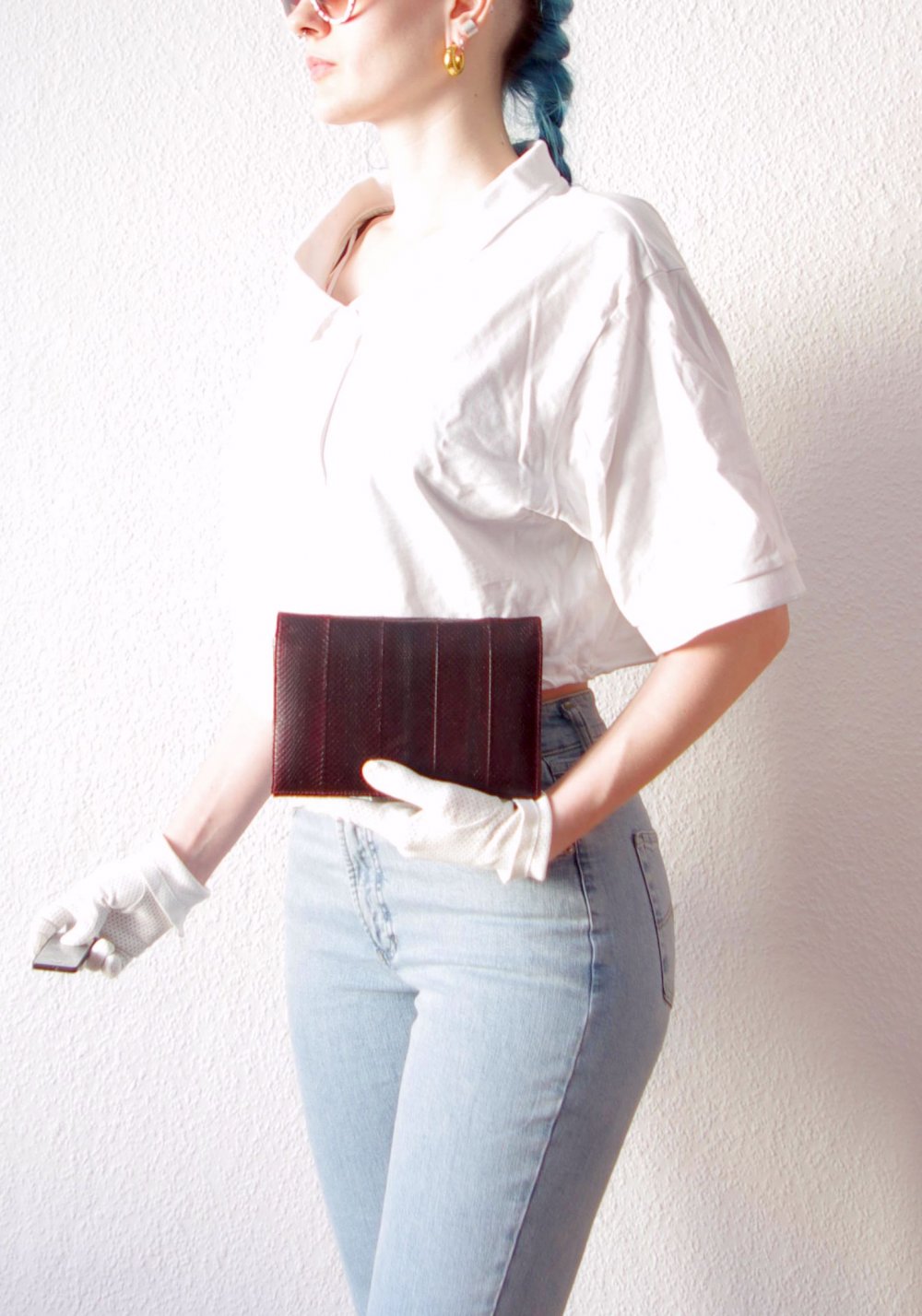 Dunkelrote Vintage Clutch Handtasche 80er Kunstleder Magnetverschluss Snakeskin Optik