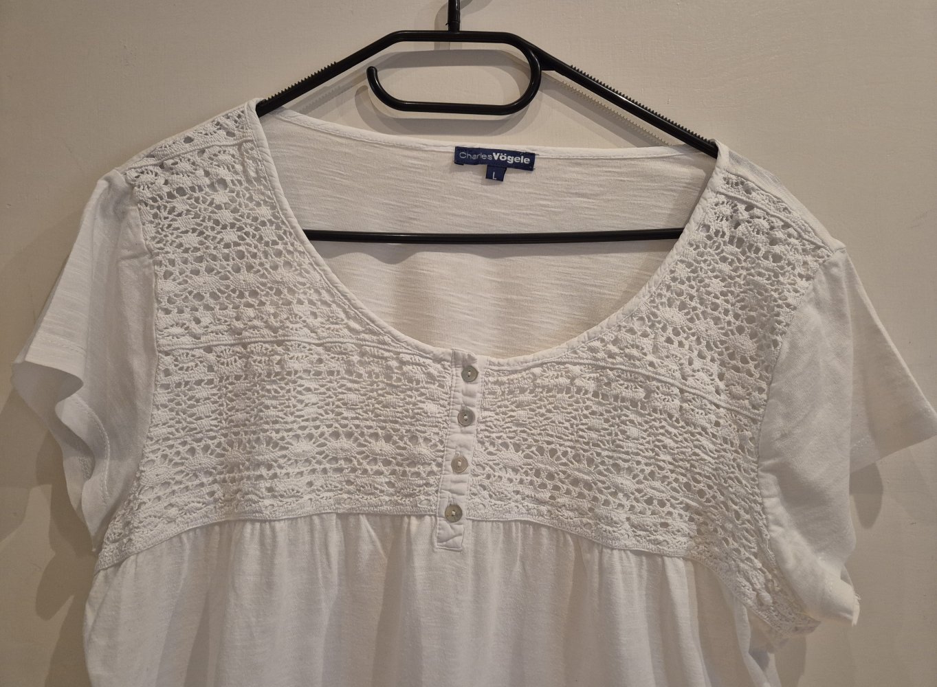 Charles Vögele T-Shirt rosa weiß Spitze Gr L