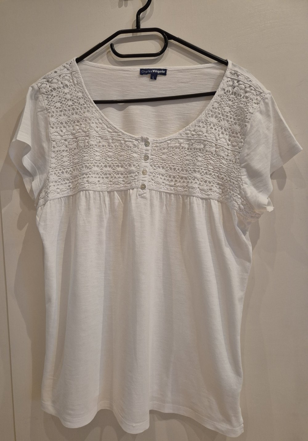 Charles Vögele T-Shirt rosa weiß Spitze Gr L