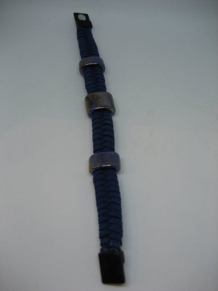 Armband, Leder, blau, Handarbeit, Glas