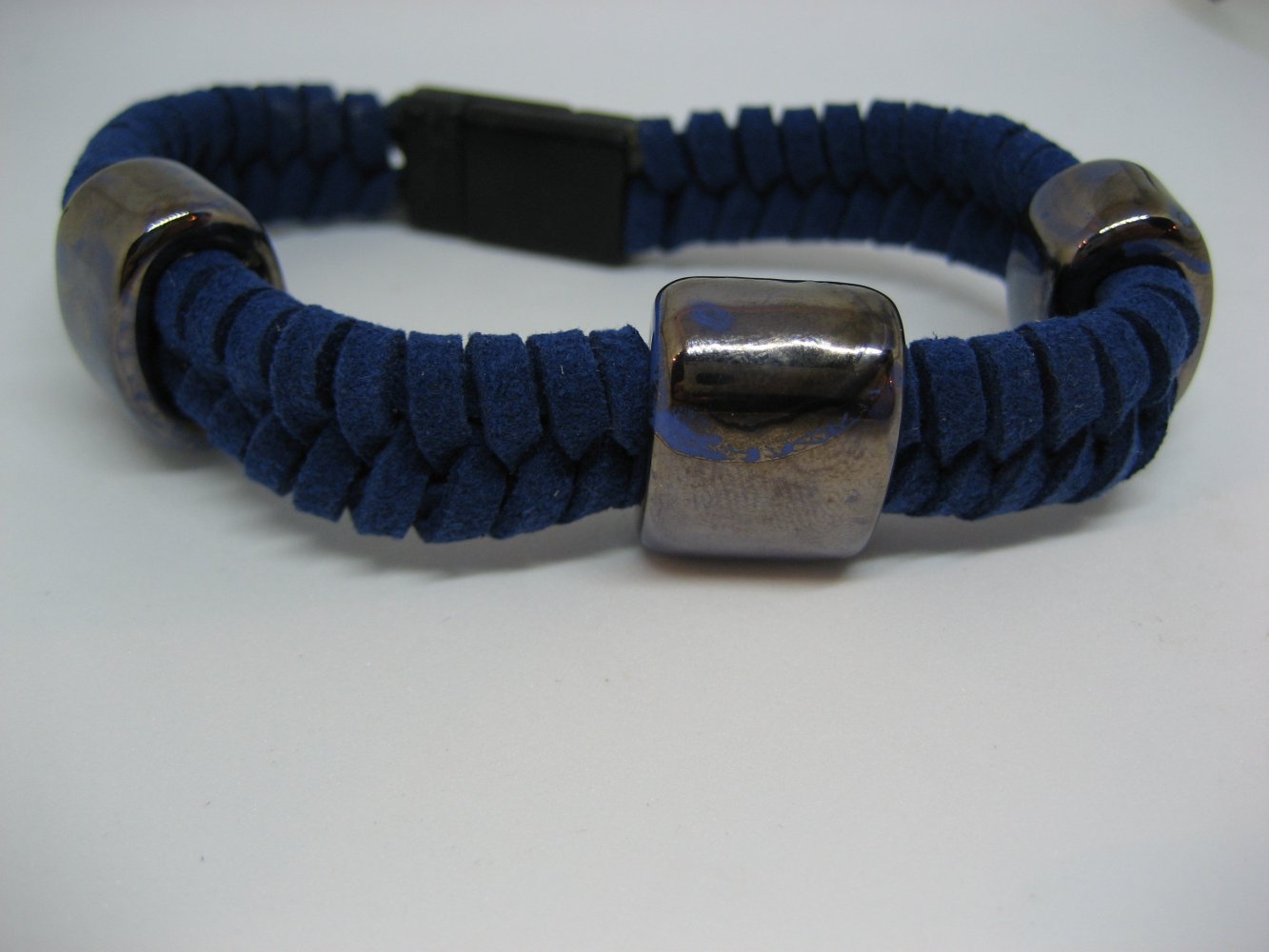 Armband, Leder, blau, Handarbeit, Glas