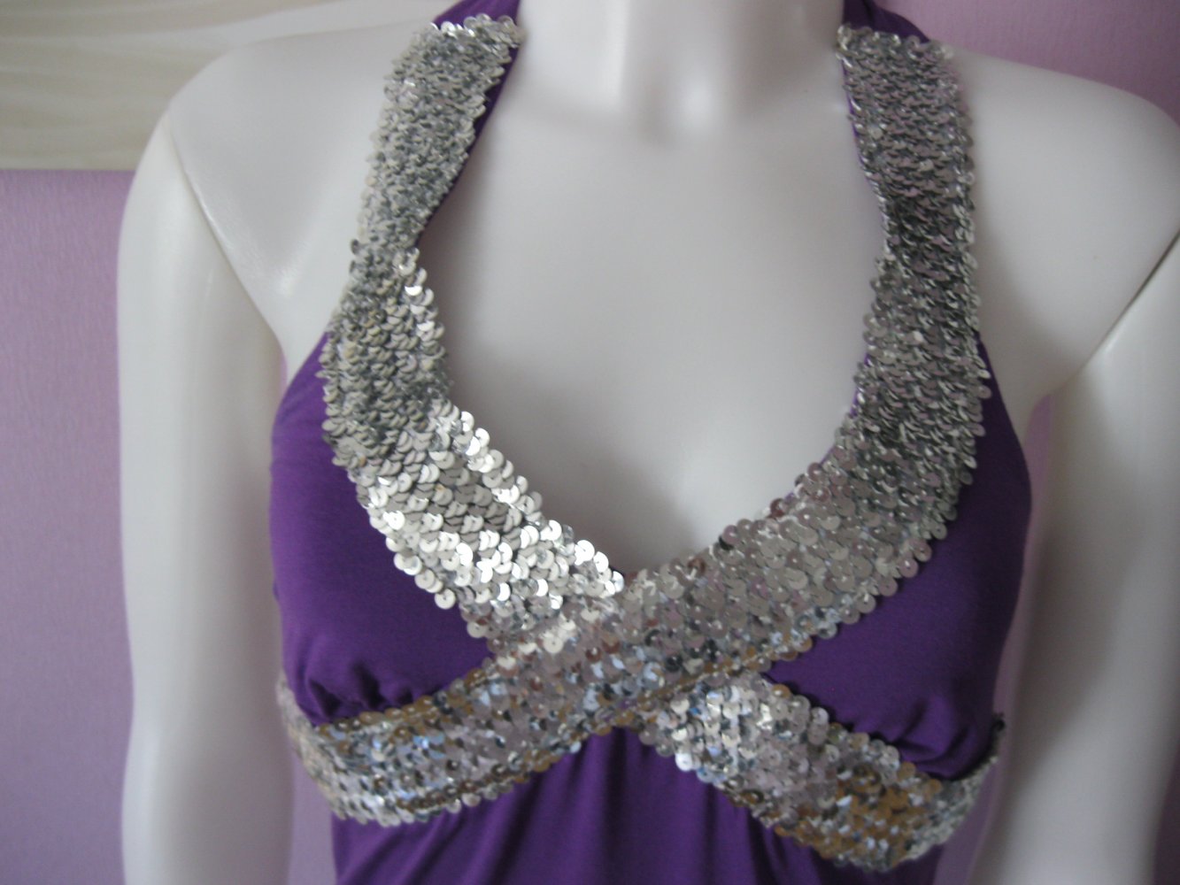 Mini-kleid # Melrose # Neckholder# Pailletten#Jersey # violett # S/M