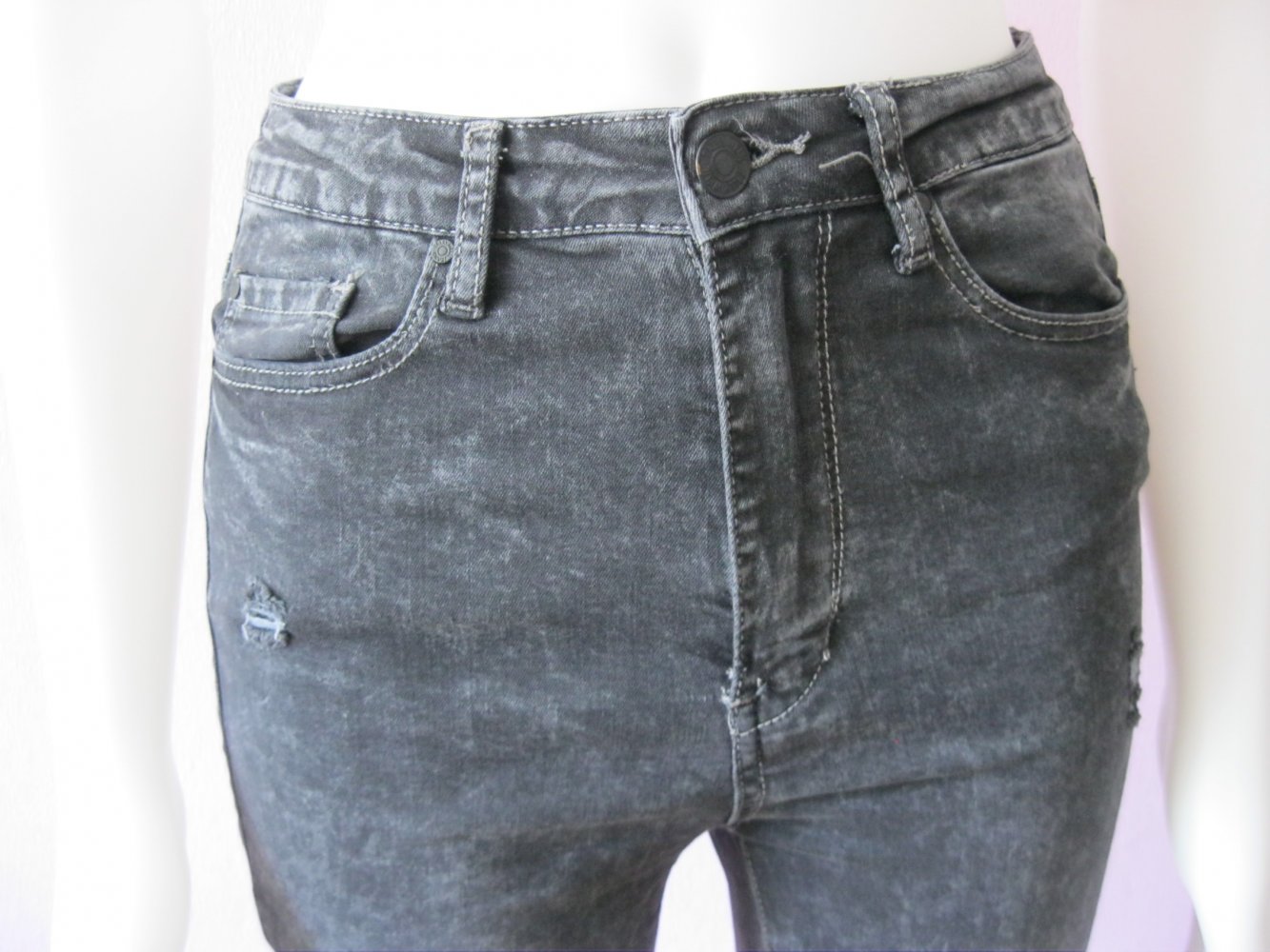 Skinny Jeans # Tally Weijl # Rana High Waist Skinny # ripped Jeans # Grau-Schwarz # 36