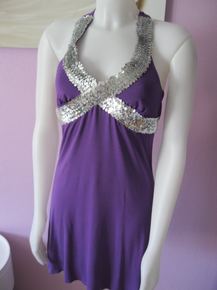 Mini-kleid # Melrose # Neckholder# Pailletten#Jersey # violett # S/M