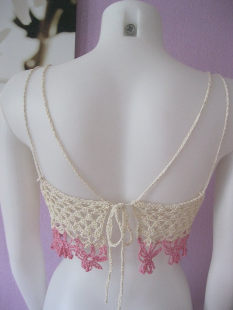 NEU Top Handmade Blumenrand Summer Festival 100% Baumwolle Cup A/B Beige/Rosé S-M