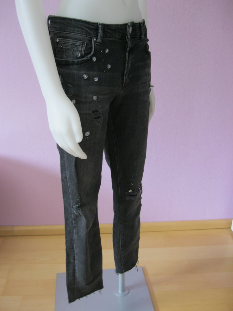 Zara Ripped Jeans Strass Baumwolle Schwarz 38