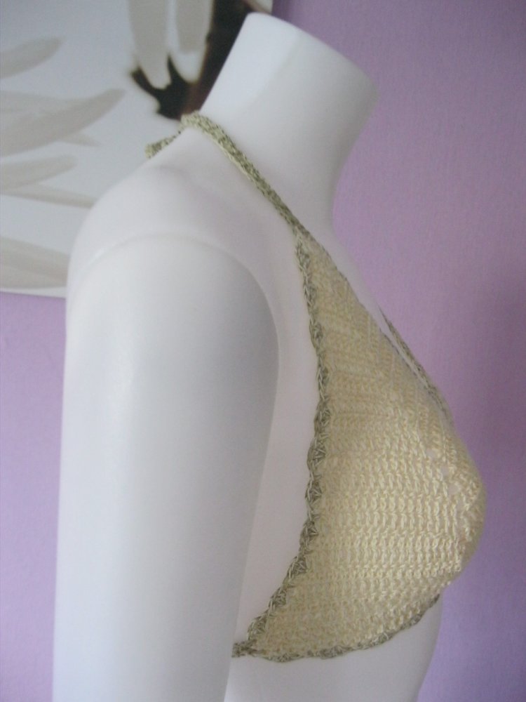 NEU Bikini-Oberteil gehäkelt Handmade Vintage Vanille/Grün meliert/Beige 100% Baumwolle Cup B/C