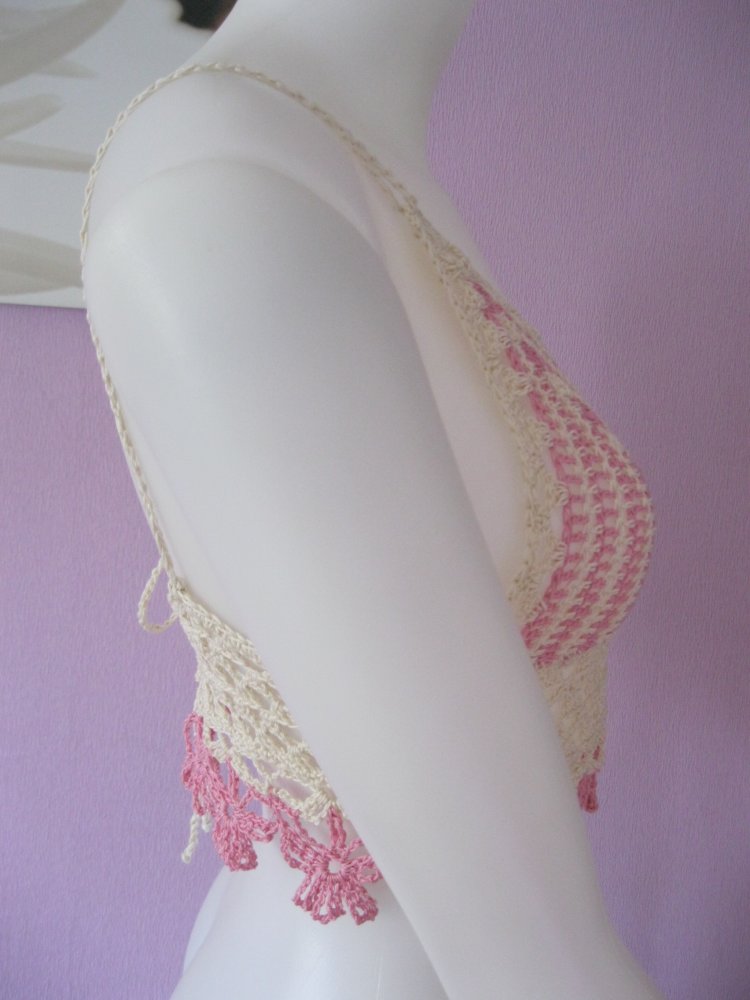 NEU Top Handmade Blumenrand Summer Festival 100% Baumwolle Cup A/B Beige/Rosé S-M