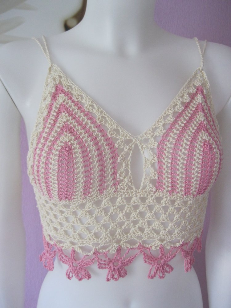 NEU Top Handmade Blumenrand Summer Festival 100% Baumwolle Cup A/B Beige/Rosé S-M